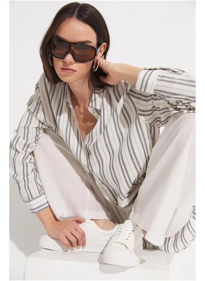 جون June Women Exclusive Boyfriend/Wide Fit Striped 100% Viscose Woven Shirt Black