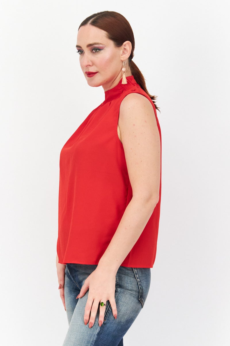 French Connection Women Mock Neck Sleeveless Plain Top, Red  - Image 2