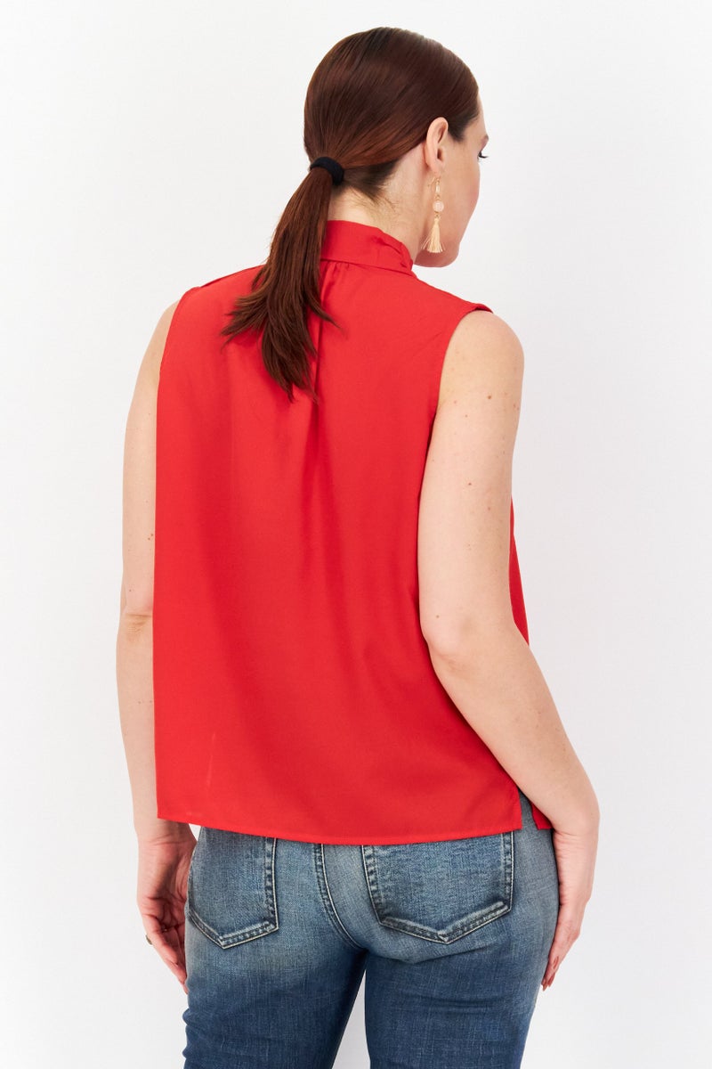 French Connection Women Mock Neck Sleeveless Plain Top, Red  - Image 4