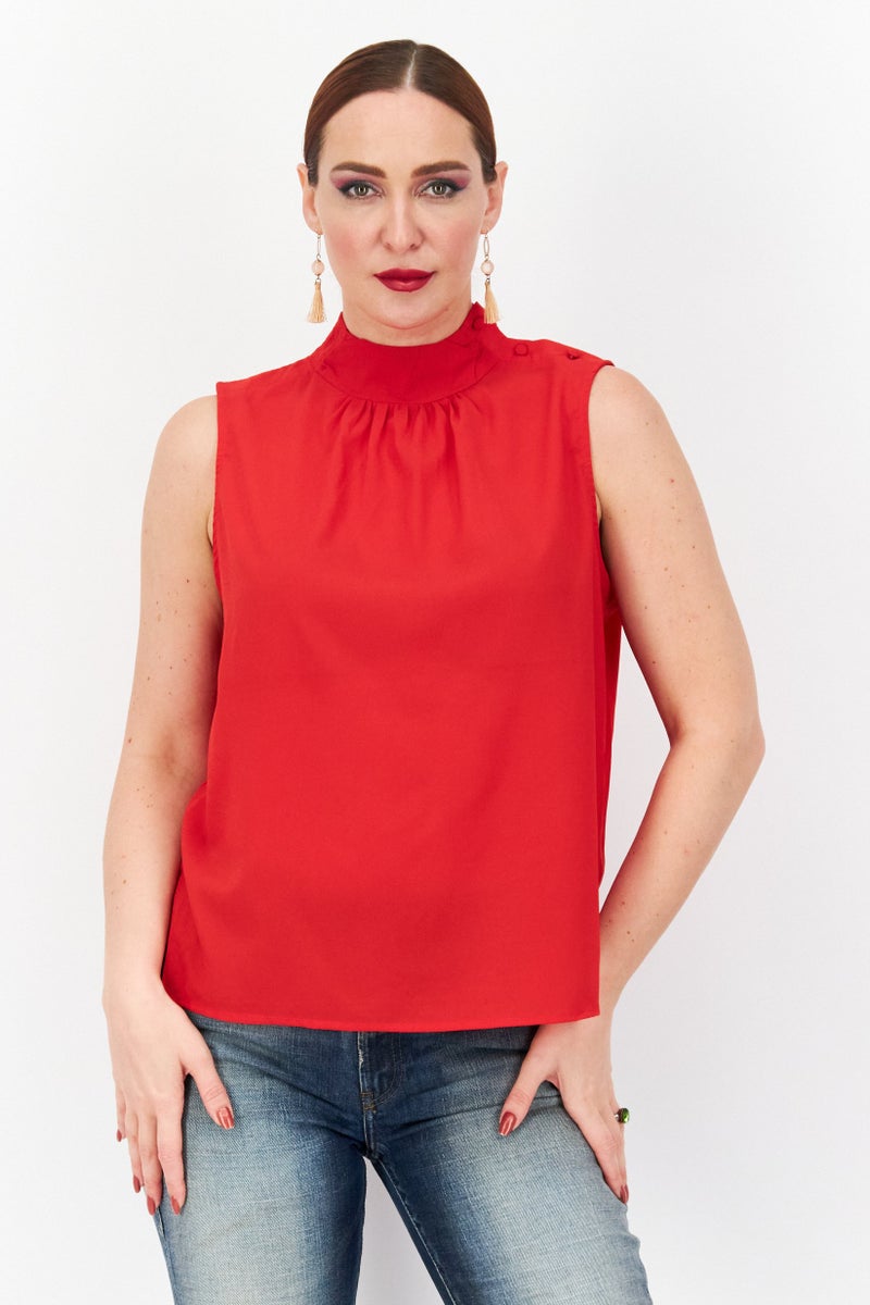 French Connection Women Mock Neck Sleeveless Plain Top, Red  - Image 1