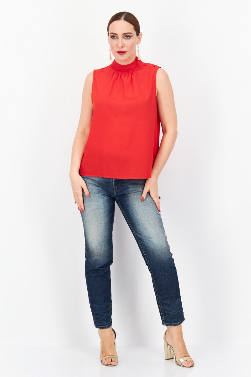 French Connection Women Mock Neck Sleeveless Plain Top, Red  - Image 3
