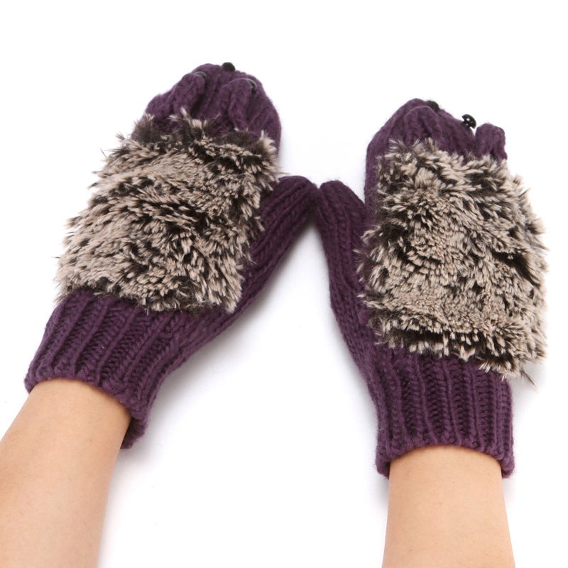 Knitted gloves womens autumn and winter fleece-lined warm bag finger gloves hot selling hedgehog finger cartoon finger glovesHedgehog dark purple Hedgehog dark purple 
