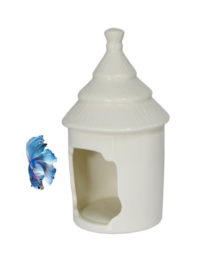 Saim Cute Aquarium Decorations Ceramic Palace Little Grass Hut Shaped Toad House, Betta Fish Tank Accessory Decor Ornament Hideout Pleco Cave for Fish Playing or Hiding - White - Image 1
