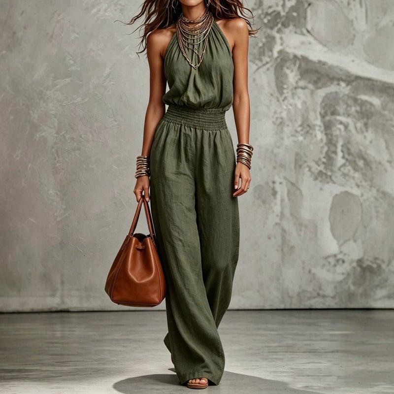Women's Summer 2026 Sleeveless Tie Waist Halter Neck Wide Leg Jumpsuit - Image 4