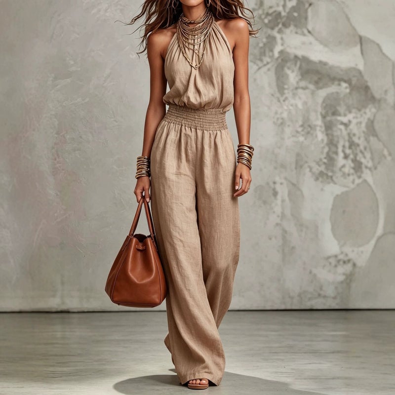 Women's Summer 2026 Sleeveless Tie Waist Halter Neck Wide Leg Jumpsuit - Image 1