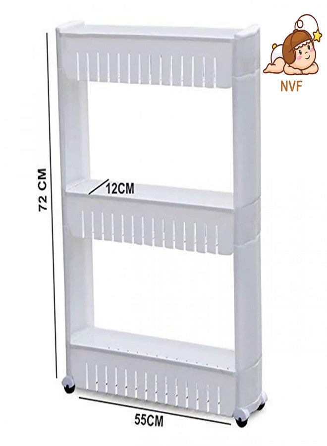 NVF (3 Layer Plastic Space Saving Storage Organizer Slim Rack Shelf with Wheels | Slim Slide Out Kitchen Trolley Rack Holder Storage Organizer for Kitchen, Bathroom (White) - Image 3