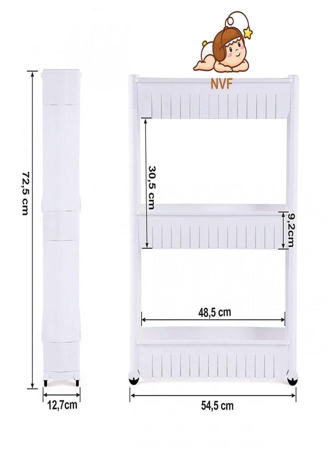 NVF (3 Layer Plastic Space Saving Storage Organizer Slim Rack Shelf with Wheels | Slim Slide Out Kitchen Trolley Rack Holder Storage Organizer for Kitchen, Bathroom (White) - Image 4