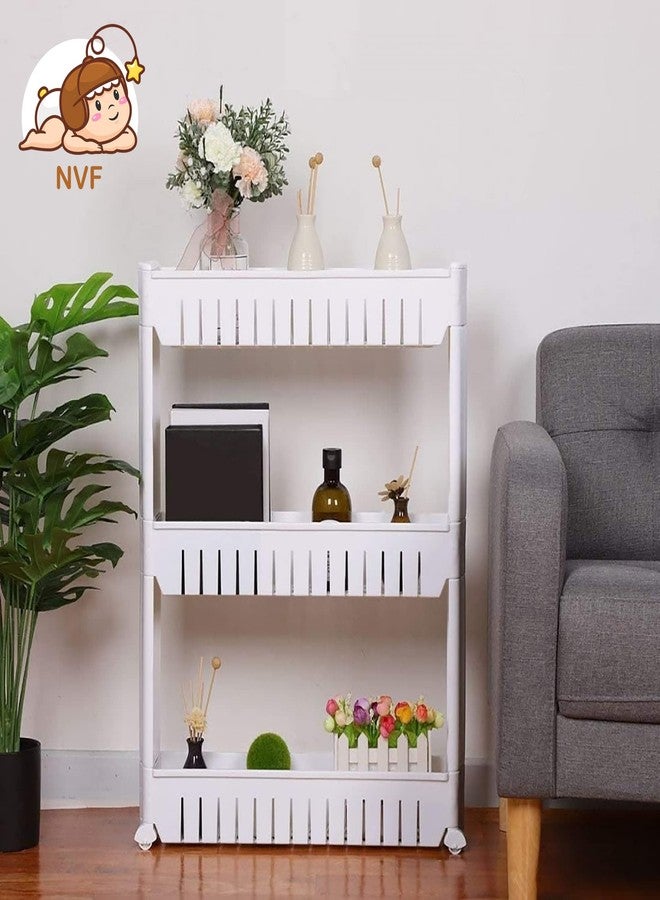 NVF (3 Layer Plastic Space Saving Storage Organizer Slim Rack Shelf with Wheels | Slim Slide Out Kitchen Trolley Rack Holder Storage Organizer for Kitchen, Bathroom (White) - Image 2