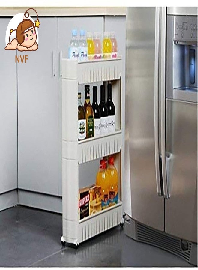 NVF (3 Layer Plastic Space Saving Storage Organizer Slim Rack Shelf with Wheels | Slim Slide Out Kitchen Trolley Rack Holder Storage Organizer for Kitchen, Bathroom (White) - Image 5