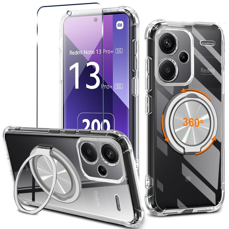 Nijiadi for Xiaomi Redmi Note 13 Pro Plus 5G Phone Case with Glass Screen Protector 360 Rotatable Ring Holder Kickstand Non Yellowing Transparent 4 Corners Shockproof Protective Phone Cover Case Clear - Image 3