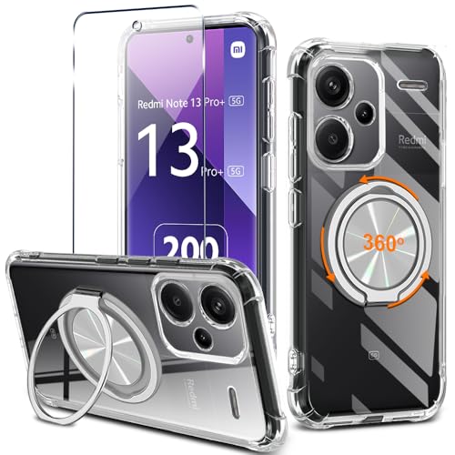 Nijiadi for Xiaomi Redmi Note 13 Pro Plus 5G Phone Case with Glass Screen Protector 360 Rotatable Ring Holder Kickstand Non Yellowing Transparent 4 Corners Shockproof Protective Phone Cover Case Clear - Image 1