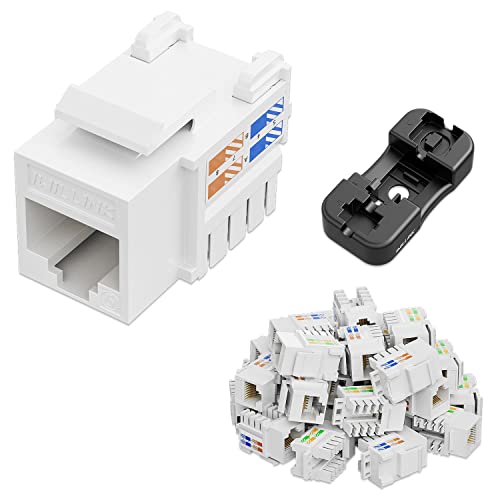 iwillink 10Gbps Cat6 Keystone Jack, RJ45 Keystone Jack 25-Pack and Keystone Punch-Down Stand, UTP Modular Ethernet Jack Insert 90-Degree, Punch Down Keystone Jack Adapter, White - Image 1