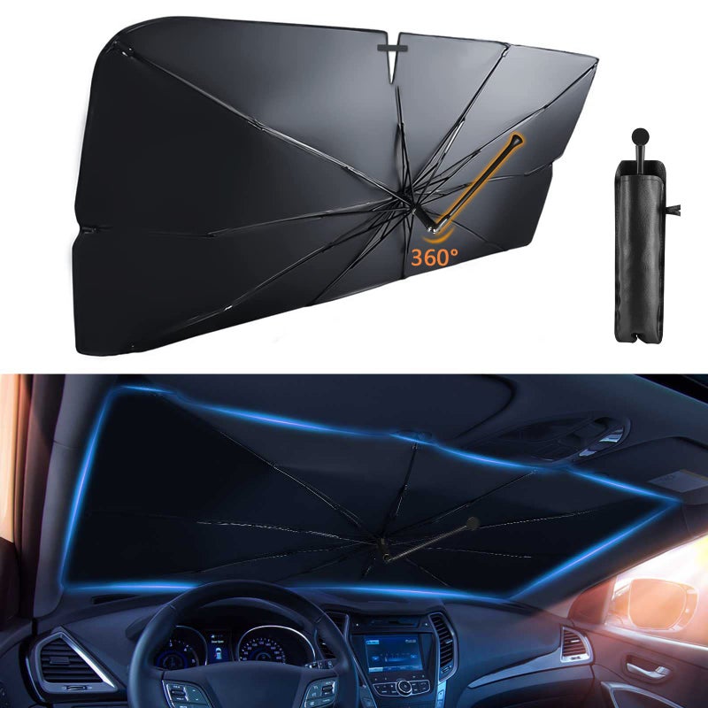 FIRAWER Car Windshield Sun Shade Umbrella for Most Vehicles, 2023 Upgraded Sunshade Car Windshield Umbrella with 360° Bendable Handle for Protect Car Interior, Full Cover Shade UV/Block Heat, 57x33 in