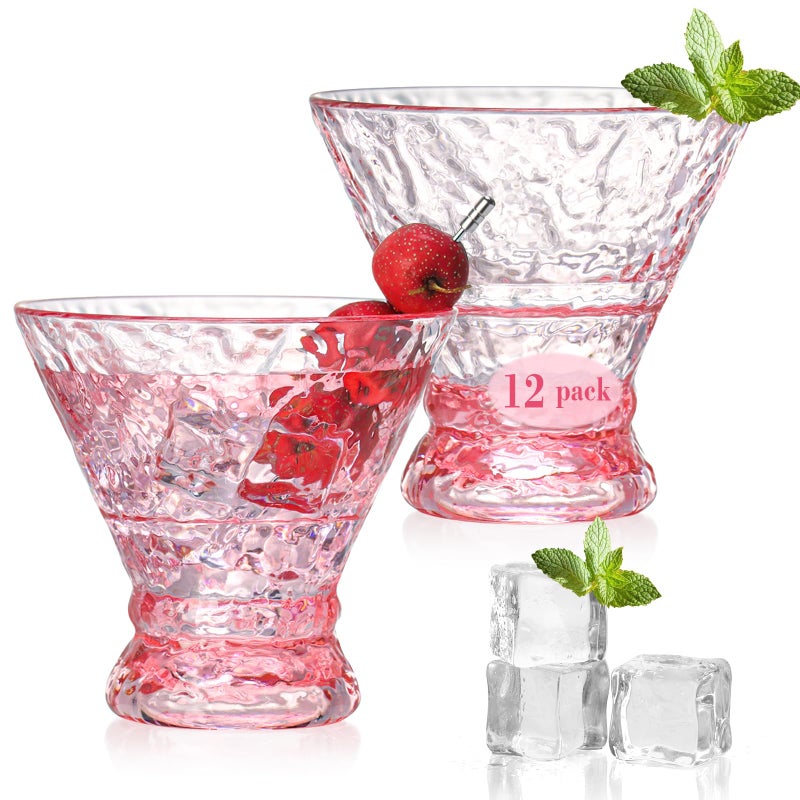 XUWAIDSGN 12 Pcs Plastic Pink Stemless Martini Glasses 10oz Martini Cocktail Glasses Reusable Crystal Cocktail Glasses Vintage Cocktail Glassware Margarit Drinking Cups Coupe Glasses (12, PInk - Image 1