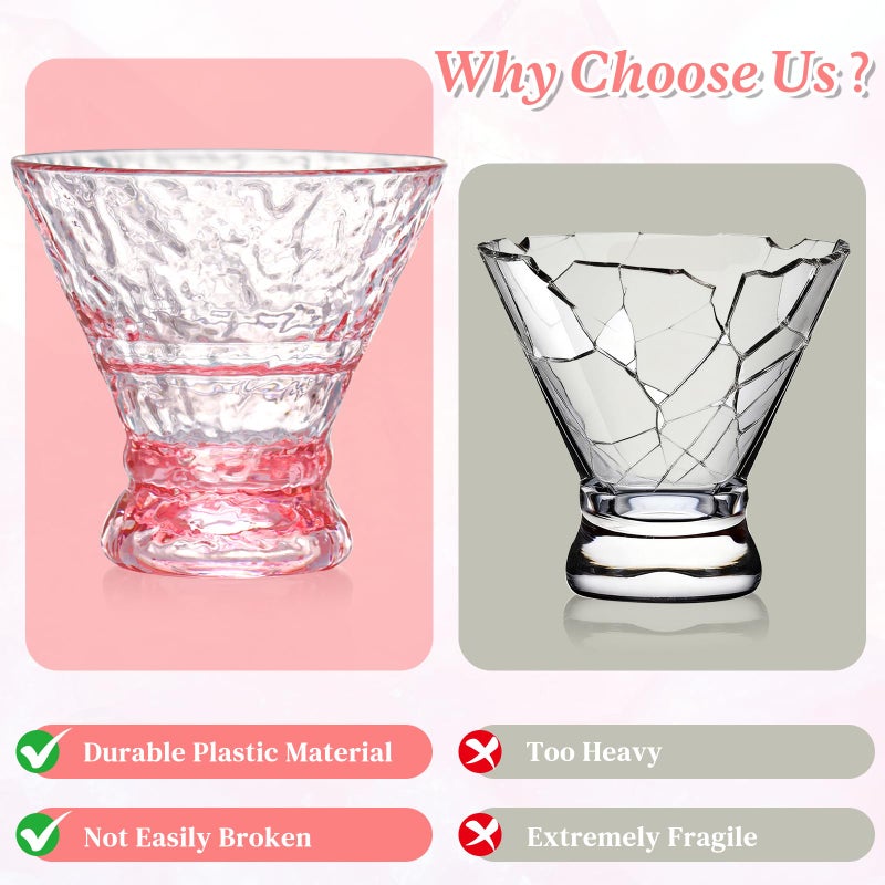 XUWAIDSGN 12 Pcs Plastic Pink Stemless Martini Glasses 10oz Martini Cocktail Glasses Reusable Crystal Cocktail Glasses Vintage Cocktail Glassware Margarit Drinking Cups Coupe Glasses (12, PInk - Image 2