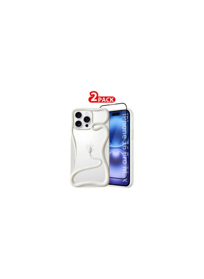 CATANES iPhone 16 Pro Max 2Packs Snake Case Cover Soft TPU and Glossy with 3D Shockproof Screen Protector - White - Image 1