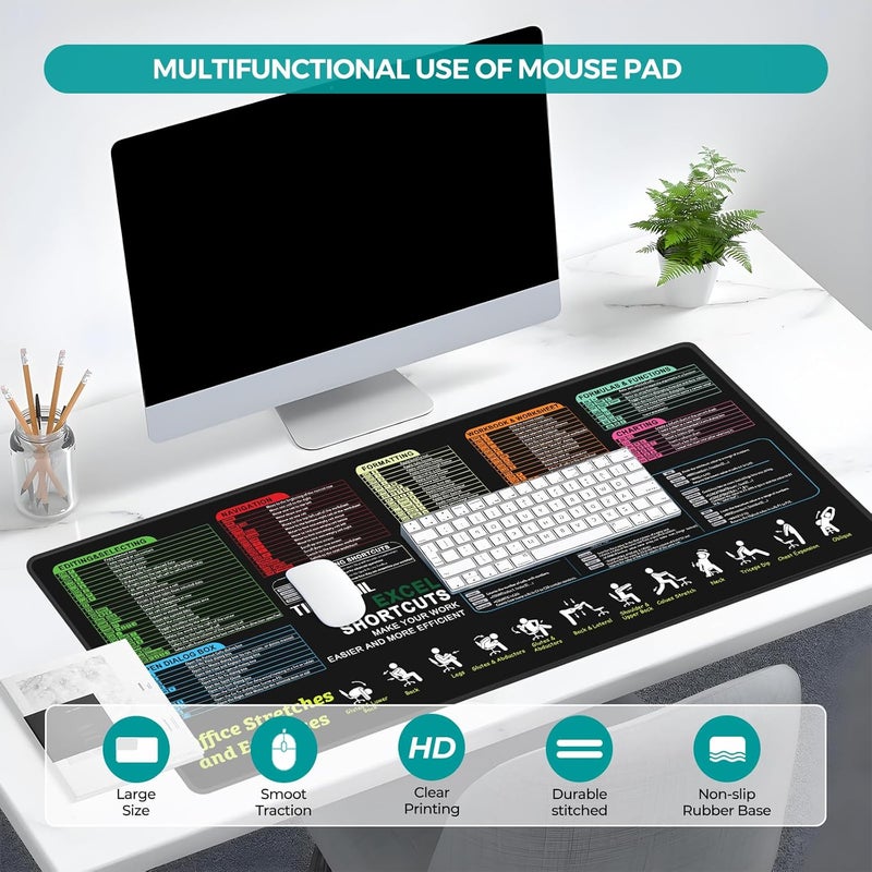 TIDALSOIL Extended Large Size Excel Shortcut Key Mouse Pad, Features Anti-Slip Rubber Base, Sewn Edge Mouse Pad, Suitable for Home, Gaming, Office Use, 900x400, Black - Image 2