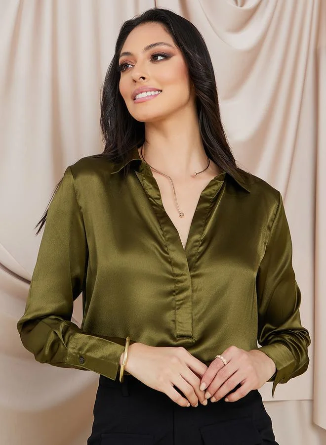 Styli Solid Satin Collared Blouse