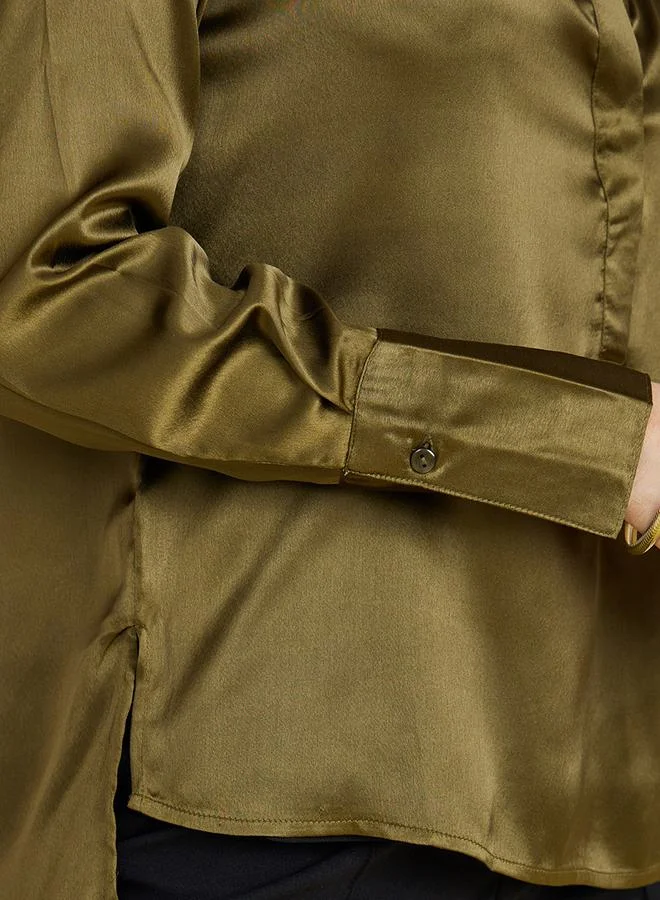 Styli Solid Satin Collared Blouse