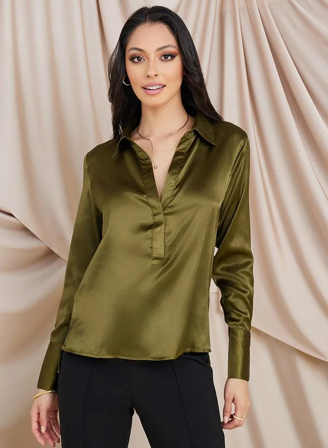 Styli Solid Satin Collared Blouse