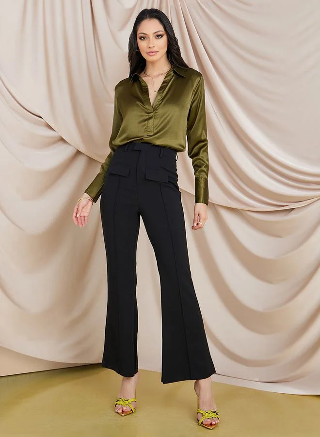 Styli Solid Satin Collared Blouse