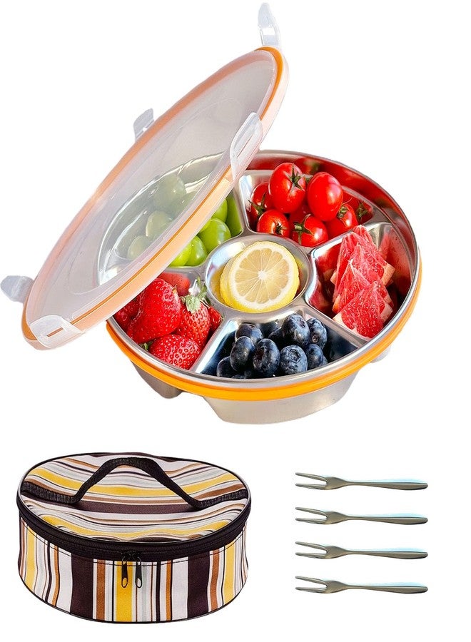 Bigwinyep Divided Serving Tray with Lid, Veggie Tray with Lid Stainless Steel 6 Compartments Vegetable and 4 Forks Set for Party Platter, Vegetable Relish Fruit Tray, Snackle Box - Image 1