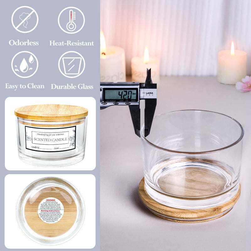 CONNOO 24oz Clear Glass Candle Jars 6 Pack, Multi-Wick Wide Mouth Empty Bulk Candle Containers for Making Candles with Airtight Bamboo Lids, Sticky Warning Labels, Wick kit- Dishwasher Safe - Image 5