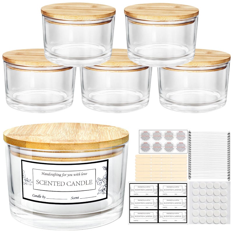 CONNOO 24oz Clear Glass Candle Jars 6 Pack, Multi-Wick Wide Mouth Empty Bulk Candle Containers for Making Candles with Airtight Bamboo Lids, Sticky Warning Labels, Wick kit- Dishwasher Safe - Image 1