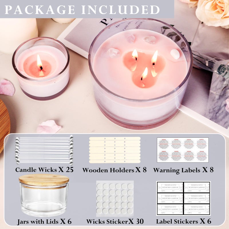 CONNOO 24oz Clear Glass Candle Jars 6 Pack, Multi-Wick Wide Mouth Empty Bulk Candle Containers for Making Candles with Airtight Bamboo Lids, Sticky Warning Labels, Wick kit- Dishwasher Safe - Image 3
