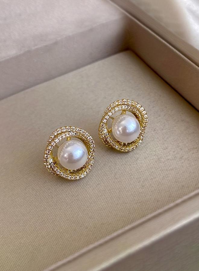 Styli Embellished Circle with Faux Pearl Earrings - Image 1