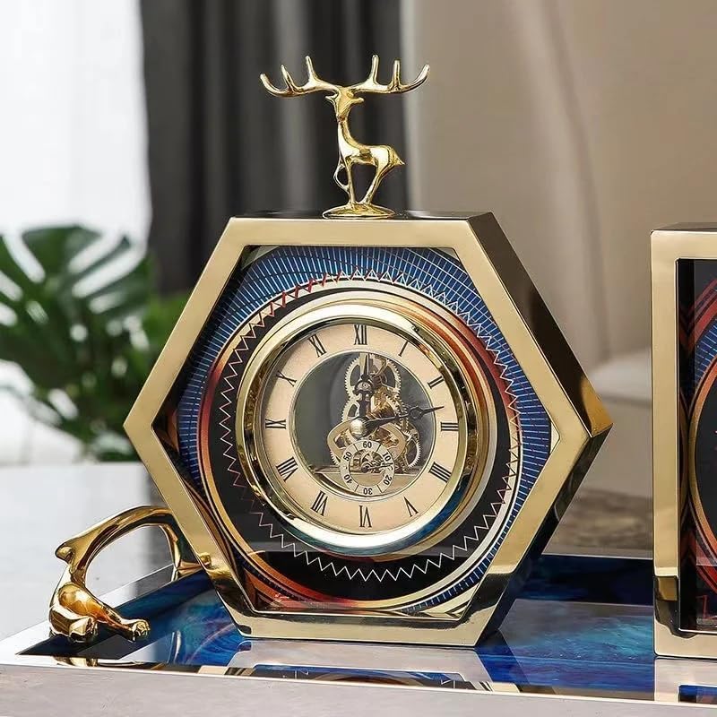 ShreeVoke 3D Brass Table Clock Modern Silent Imitation Mechanical European Style Ornaments Desktop Clock with Hexagon Shape Battery Operated Luxury Clock for Living Room Decor Gold