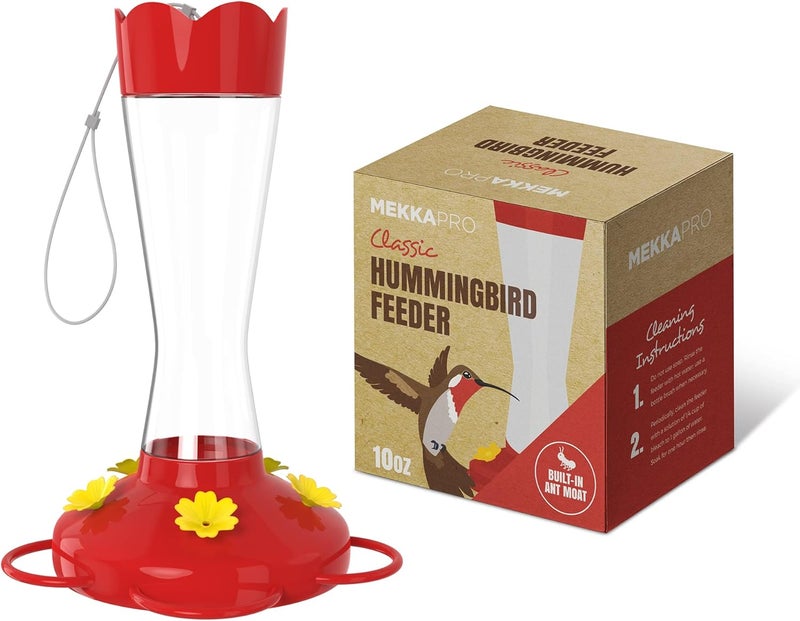 MEKKAPRO مغذي الطيور الطنانة الخارجي من مصنوع من الزجاج، معلق مع 5 محطات تغذية رحيق، أحمر فاقع، مغذي للحديقة الخلفية (10 أونصات) - Image 1