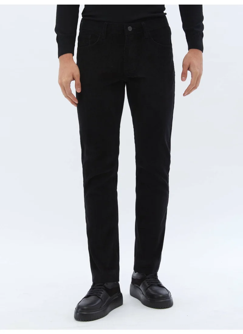 Kip Black Woven Slim Fit Velvet Casual Cotton Blend Trousers