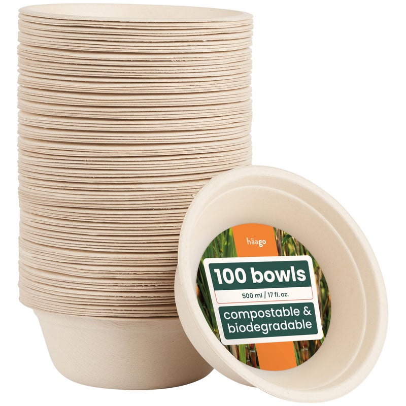 HAAGO 100 EcoFriendly Sugarcane Bowls Biodegradable  Home Compostable  Like Paper Bowls Disposable Bowl for Hot Food  Cold Food  500ml
