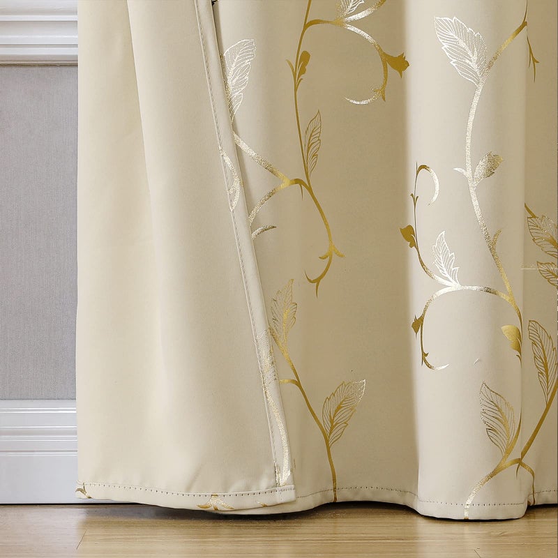 BUHUA Blackout Curtains Gold Foil Print Flower Vine Grommet Drapes, Room Darkening Thermal Insulated Curtains, Noise Reducing Blackout Curtain for Bedroom, Beige, 52Wx72L, 2 Panels - Image 5