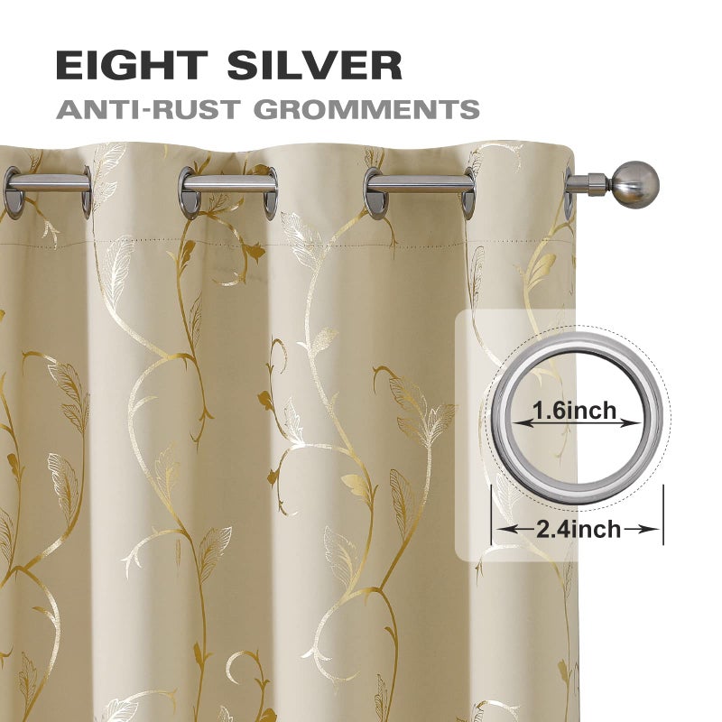 BUHUA Blackout Curtains Gold Foil Print Flower Vine Grommet Drapes, Room Darkening Thermal Insulated Curtains, Noise Reducing Blackout Curtain for Bedroom, Beige, 52Wx72L, 2 Panels - Image 3