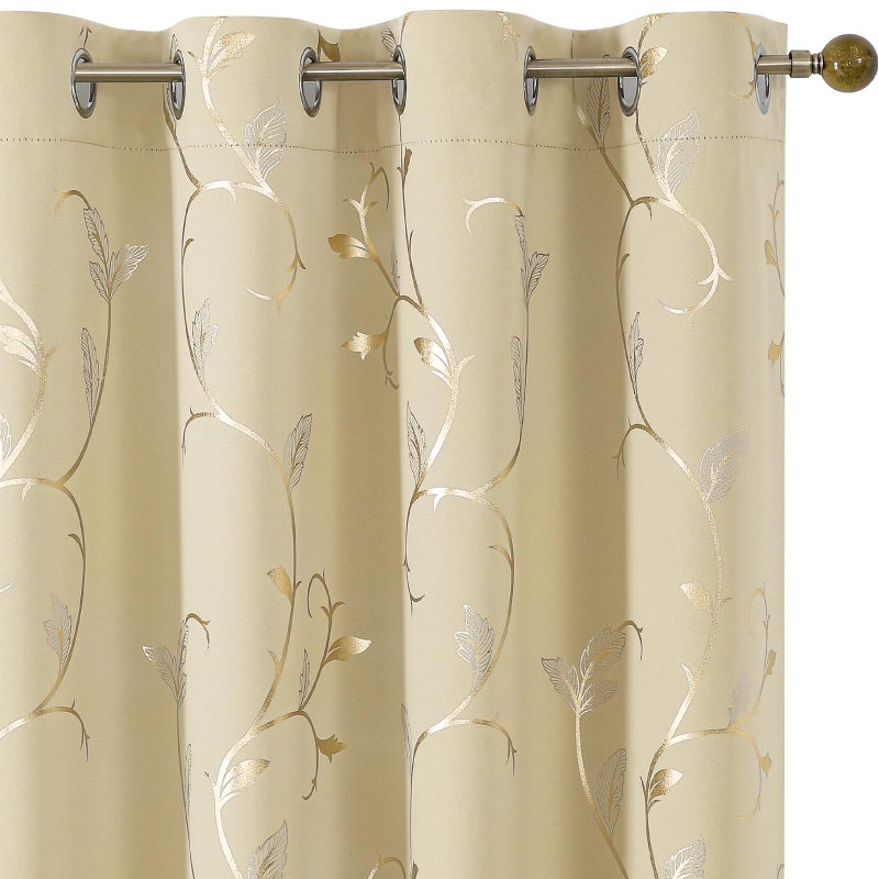 BUHUA Blackout Curtains Gold Foil Print Flower Vine Grommet Drapes, Room Darkening Thermal Insulated Curtains, Noise Reducing Blackout Curtain for Bedroom, Beige, 52Wx72L, 2 Panels - Image 1