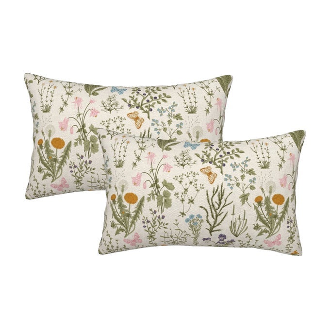 Spring Pillow Covers 12x20 Inch Set of 2Sage Green Wild Flower Plant Throw Pillows CaseSeasonal Floral Outdoor Decorative Square Linen Farmhouse Decor Cushion Covers for Home Sofa Bed Couch