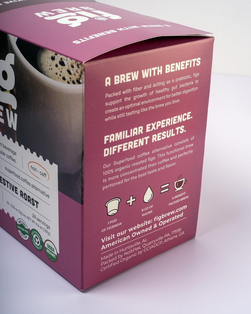 FigBrew Coffee Alternative, Original Digestive Roast, Adaptogen-free, Caffeine-free, Medium Roast, Single serve pods, 24-ct, 100% pure fig, USDA Organic, Made in USA - Image 3
