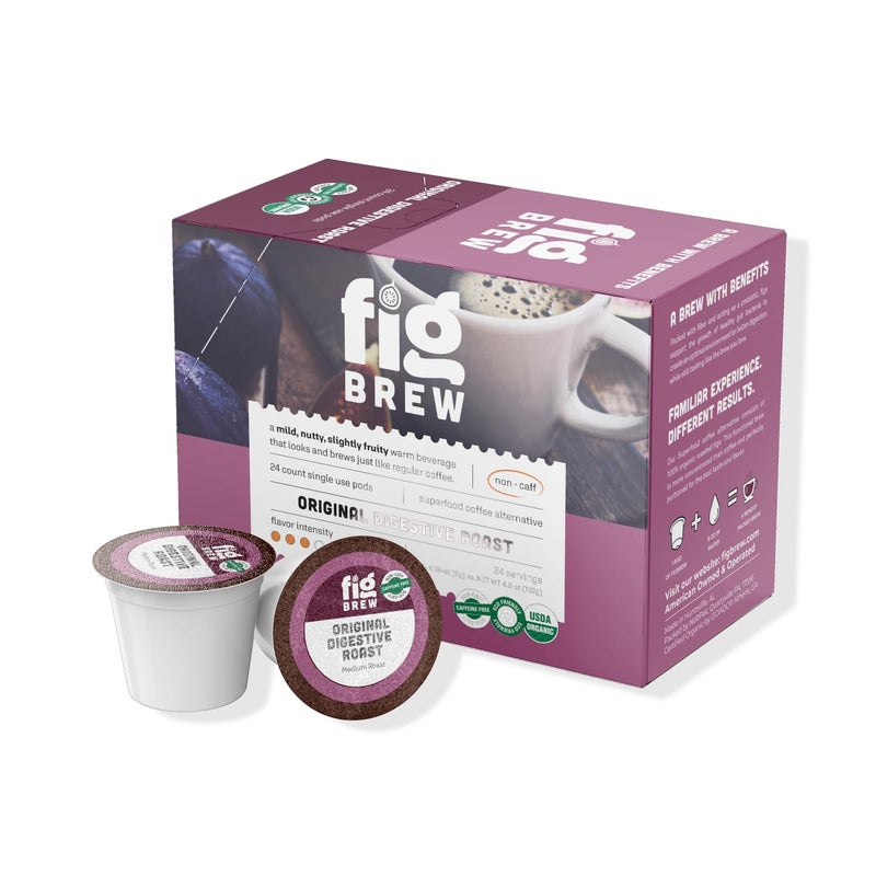 FigBrew Coffee Alternative, Original Digestive Roast, Adaptogen-free, Caffeine-free, Medium Roast, Single serve pods, 24-ct, 100% pure fig, USDA Organic, Made in USA - Image 1