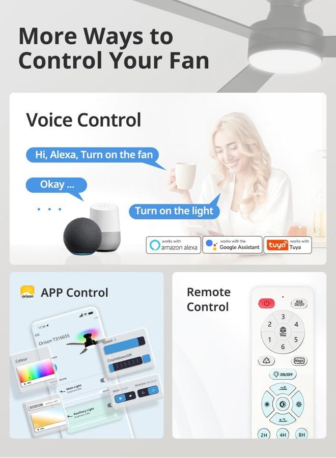 Orison Smart Ceiling Fans with Lights – 42" Low Profile Flush Mount, RGB Backlight & Dimmable LED, Alexa & Google Compatible, 6-Speed Reversible, App & Remote Control, Quiet & Energy Saving, Black - Image 2