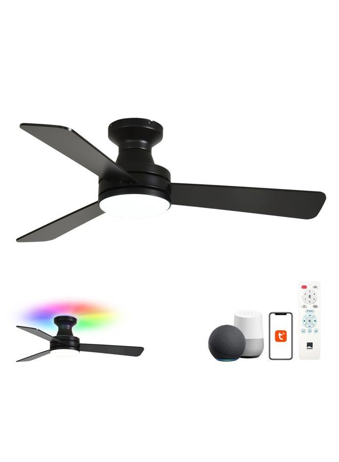 Smart Ceiling Fans with Lights – 42" Low Profile Flush Mount, RGB Backlight & Dimmable LED, Alexa & Google Compatible, 6-Speed Reversible, App & Remote Control, Quiet & Energy Saving, Black