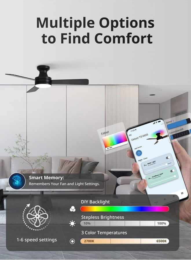 Orison Smart Ceiling Fans with Lights – 42" Low Profile Flush Mount, RGB Backlight & Dimmable LED, Alexa & Google Compatible, 6-Speed Reversible, App & Remote Control, Quiet & Energy Saving, Black - Image 4