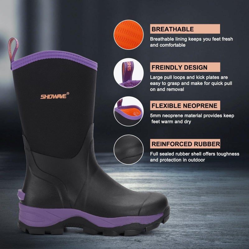 Showave Rubber Boots for Women Mid Calf Rain Boots Women Insulated Garden Boot Waterproof Durable Mud Boot for Hunting Farming Working(Purple,Size 8) - Image 4