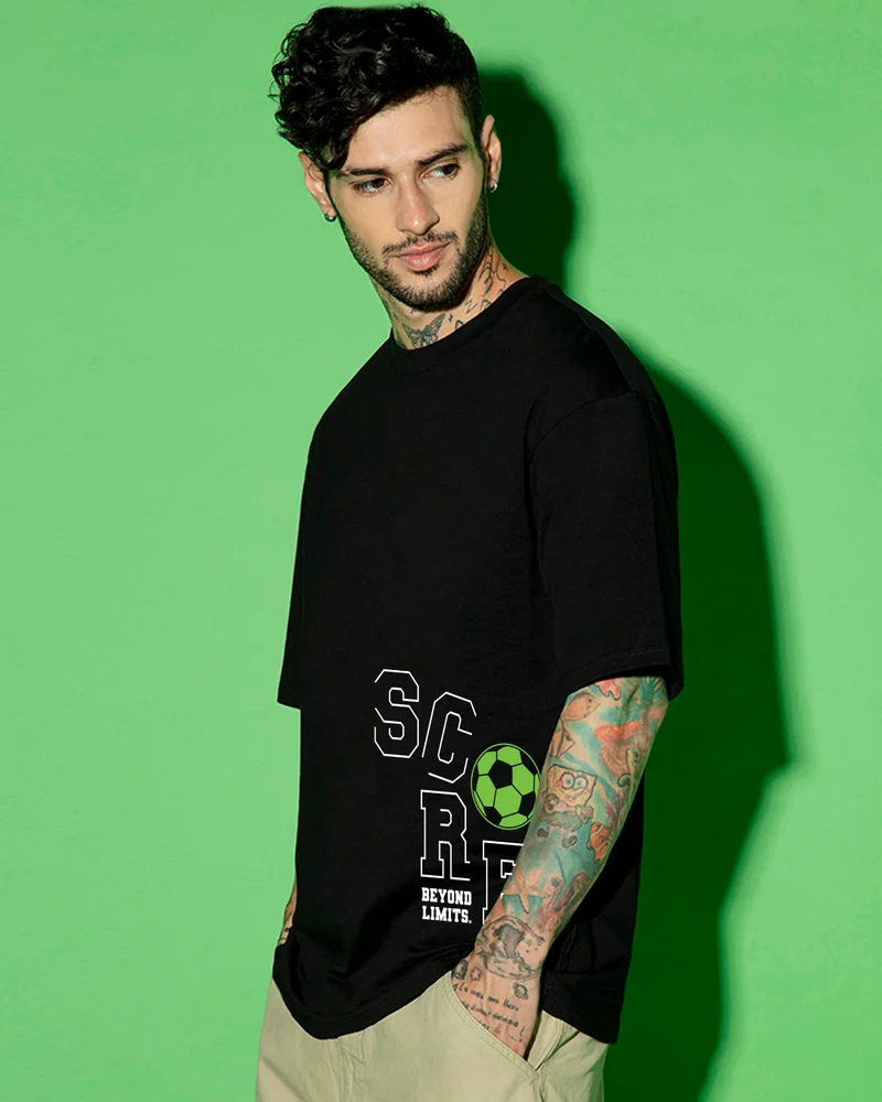bewakoof Men's Jet Black Score Beyond Limits Graphic Printed Oversized T-shirt