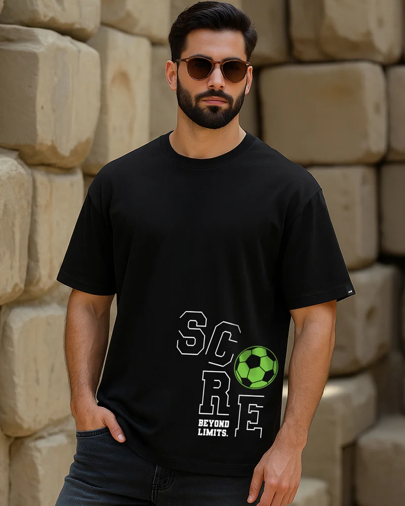bewakoof Men's Jet Black Score Beyond Limits Graphic Printed Oversized T-shirt