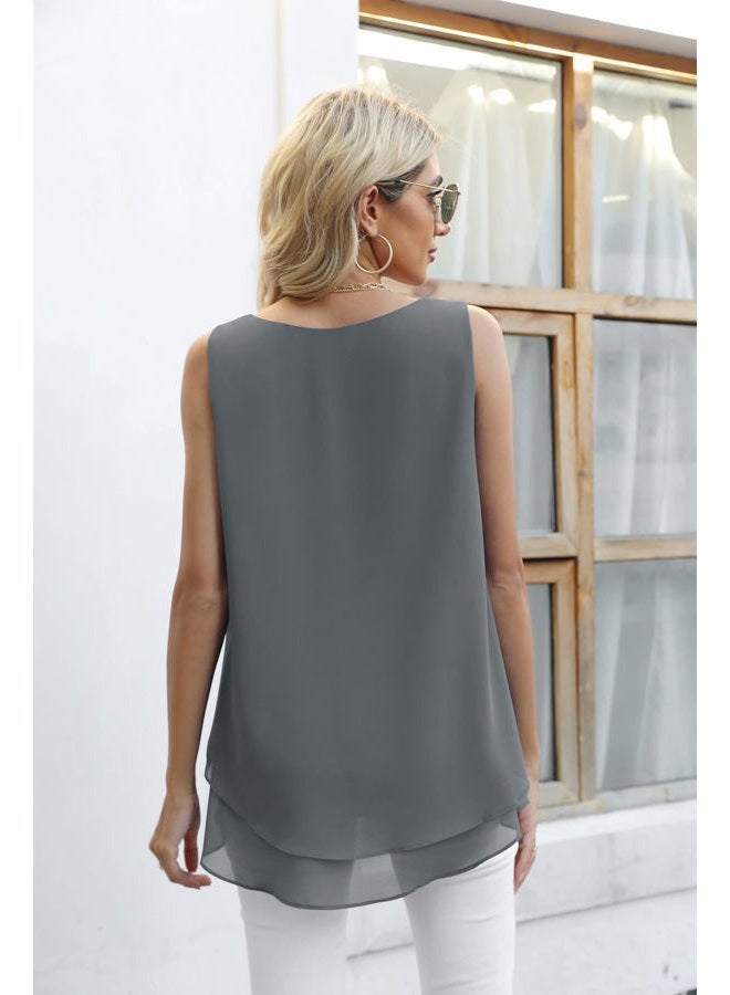 Jouica Blouses for Women Casual Summer Chiffon Sleeveless Blouses Tops Loose Flowy Dressy Tank Top,Grey,Large - Image 5