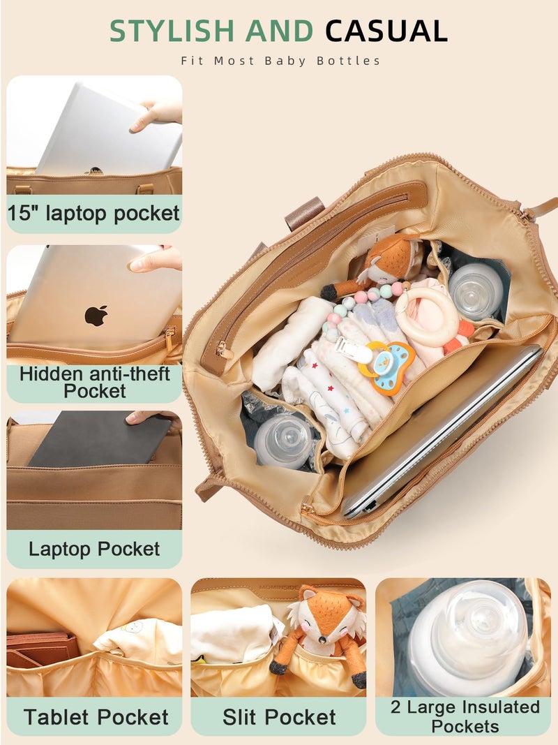 MOMINSIDE حقيبة حفاضات مومينسايد من النيوبرين، حقيبة ظهر حفاضات للأطفال، 14 جيب سعة كبيرة، حقيبة حفاضات قابلة للتحويل، بني - Image 3