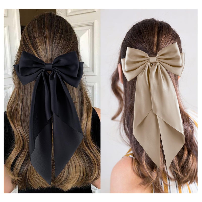 hisial 6Pcs Large Bows Hair Clips for Women Girls Long Tail Hair Ribbon Silky Satin Barrettes Coquette Hair Bows Accessories (Black/Bluegrey/Deepblue/Light Pink/Purple/Khaki) - Image 3