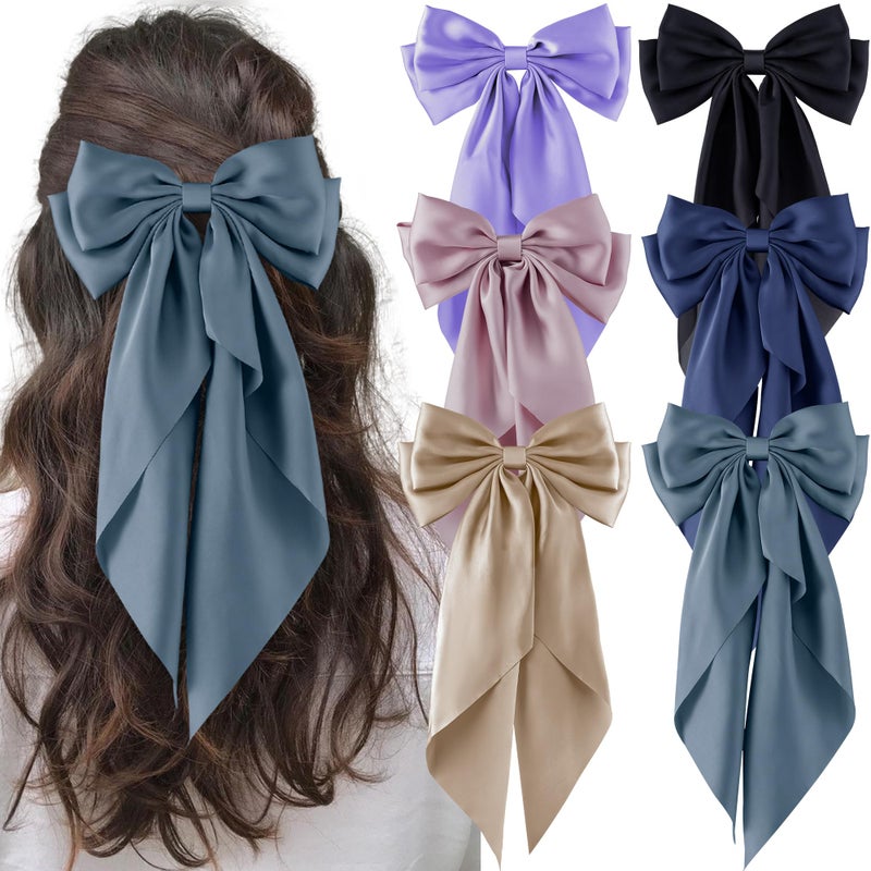 hisial 6Pcs Large Bows Hair Clips for Women Girls Long Tail Hair Ribbon Silky Satin Barrettes Coquette Hair Bows Accessories (Black/Bluegrey/Deepblue/Light Pink/Purple/Khaki) - Image 1